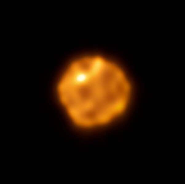 A Bubbling Betelgeuse - This ALMA image shows the submillimeter surface of Betelgeuse, revealing its irregular shape and regions of hotter gas. The brightest hotspot, toward the northeast of the star, appears at nearly the same location in ALMA observations separated by more than seven years, suggesting that some structures in Betelgeuse's atmosphere can survive considerably longer than predicted by current models of stellar convection.
